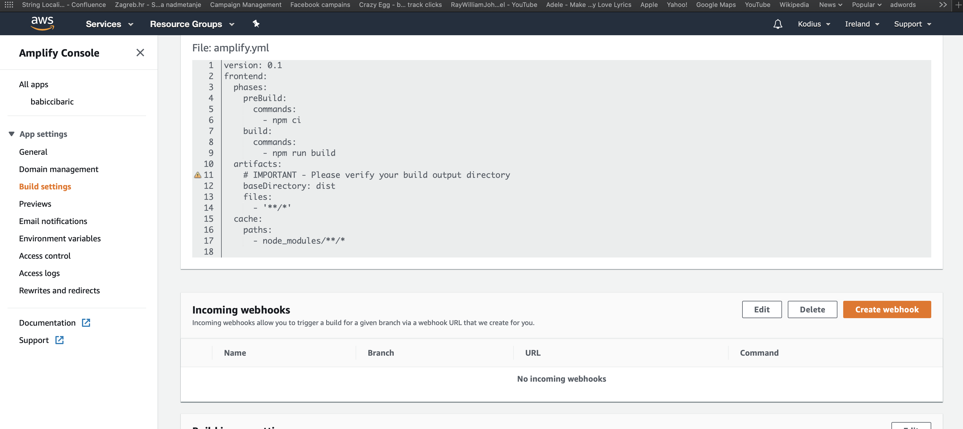 Amplify console build setting screenshoot