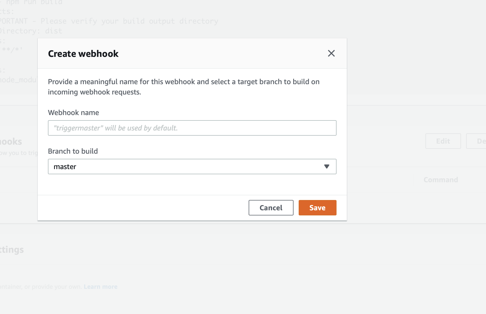 Create webhook form screenshot