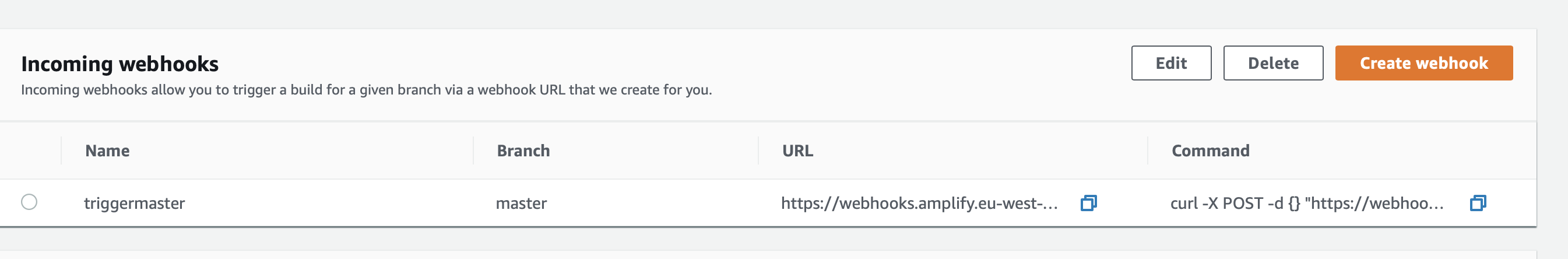 Incoming webhook list screenshot