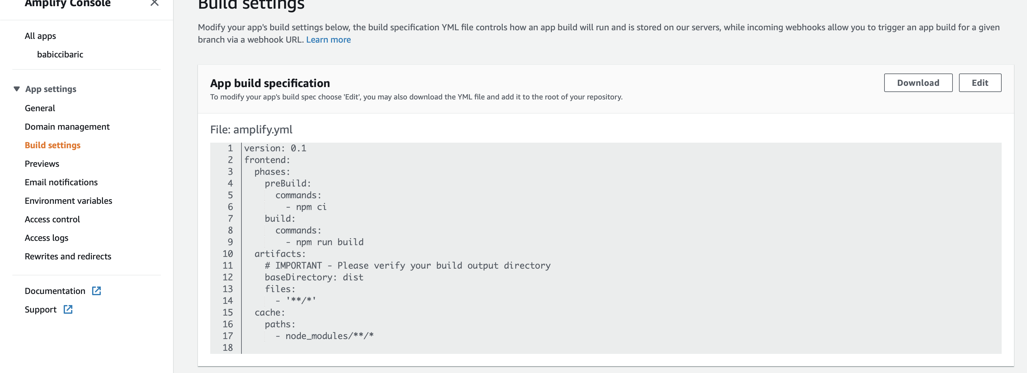 App build specification screenshot
