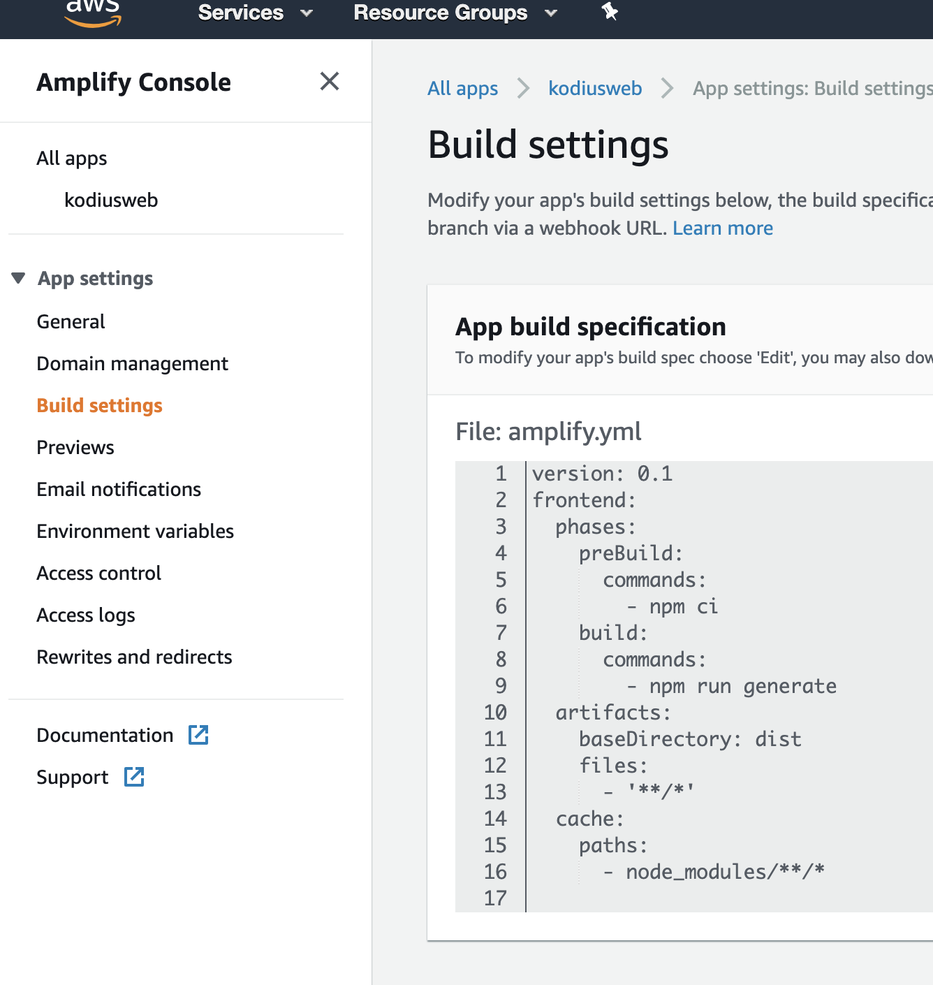 App settings: build settings