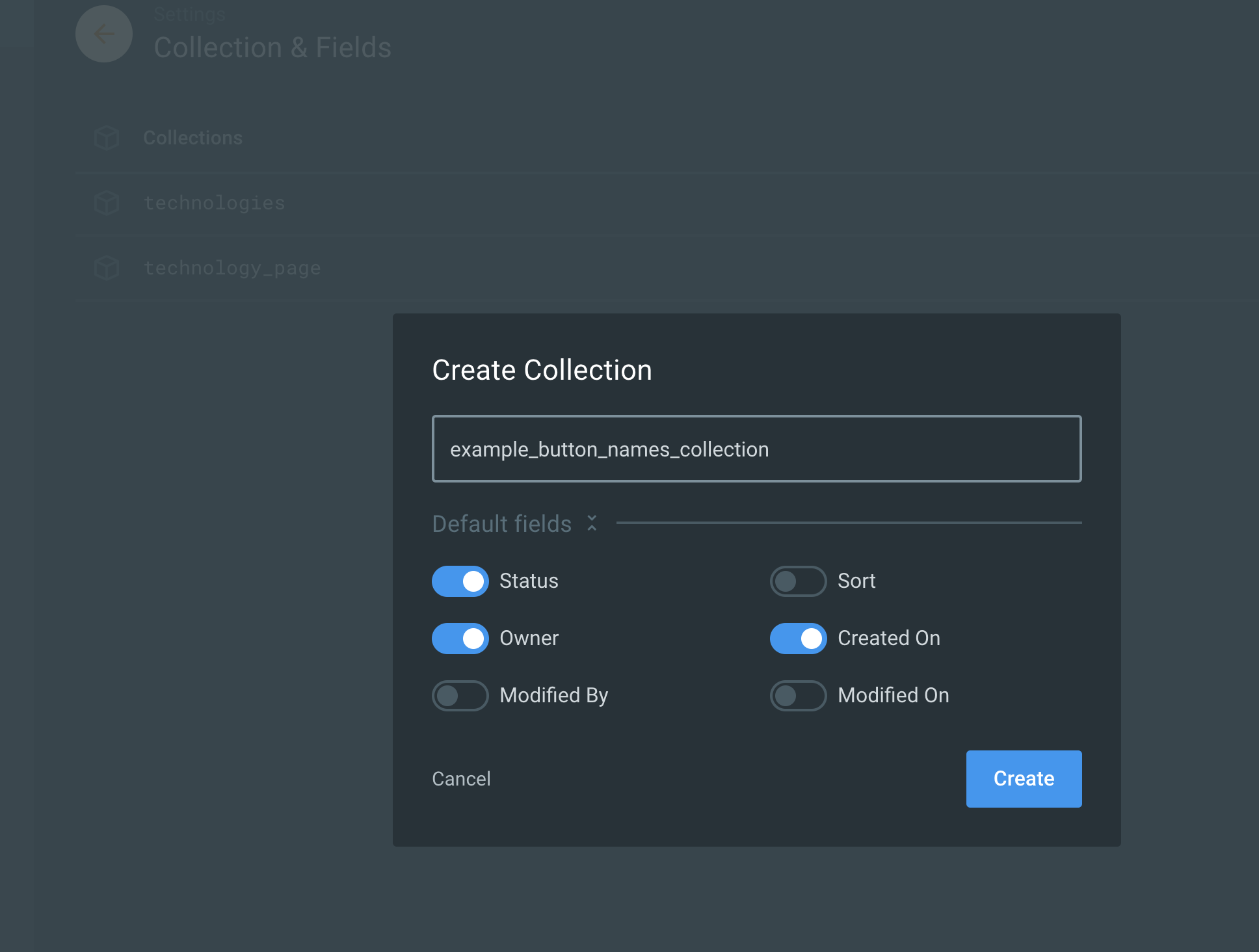 Create collection form screenshot