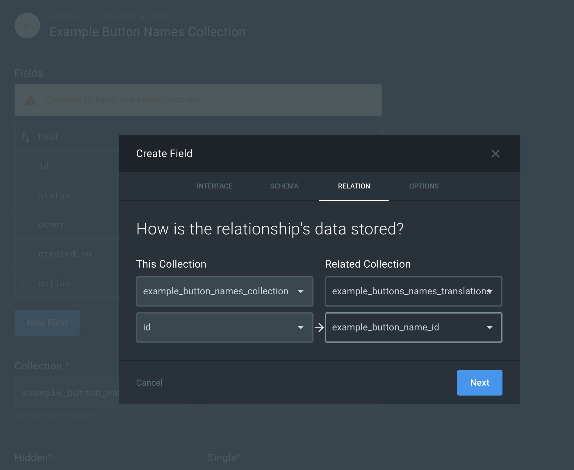 Create field form relation tab screenshot