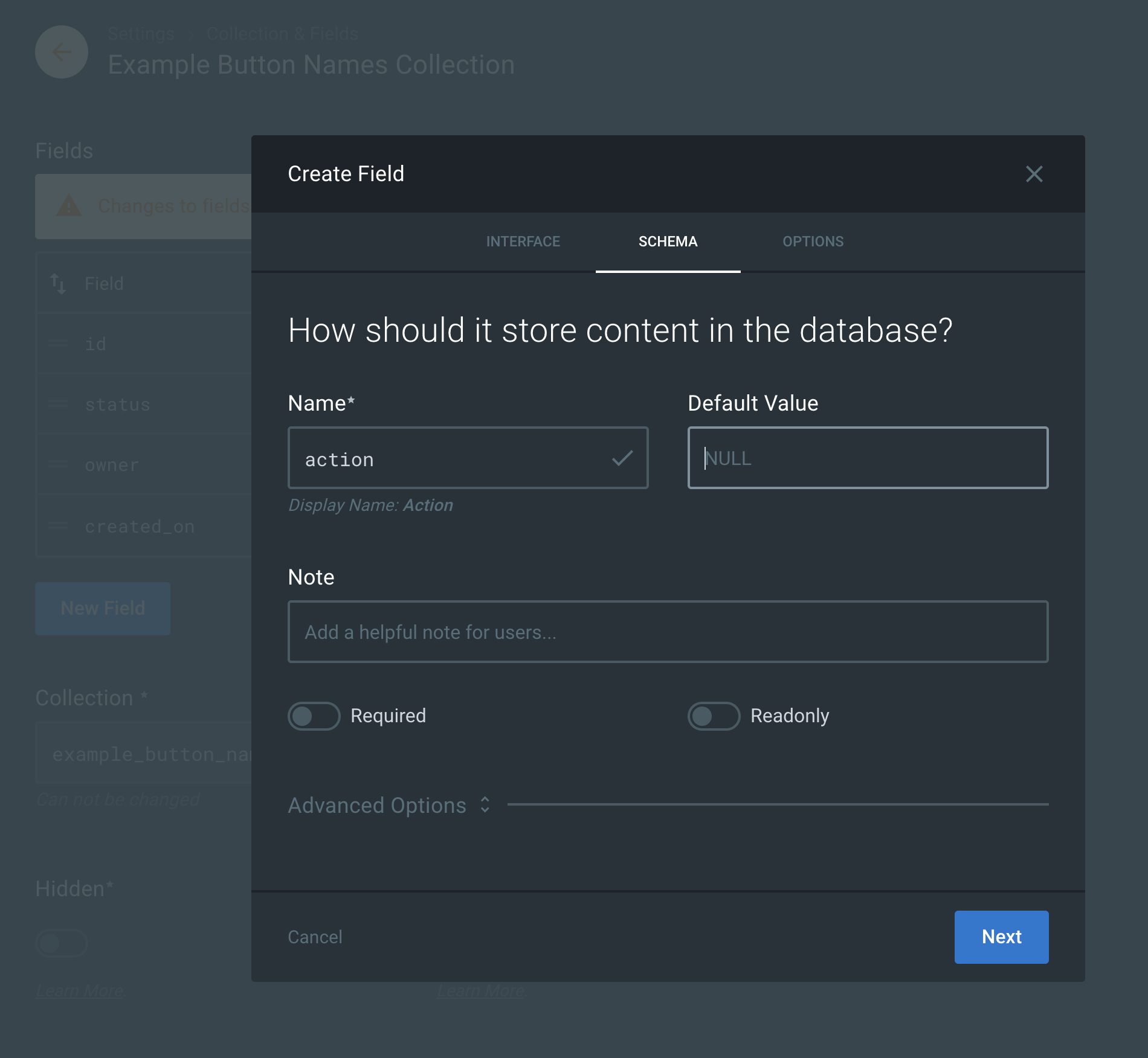 Create field form screenshot
