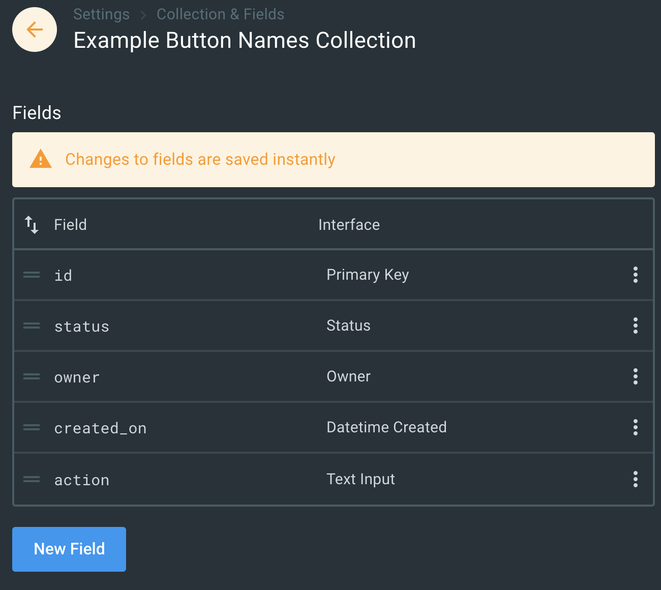 table with list of fields