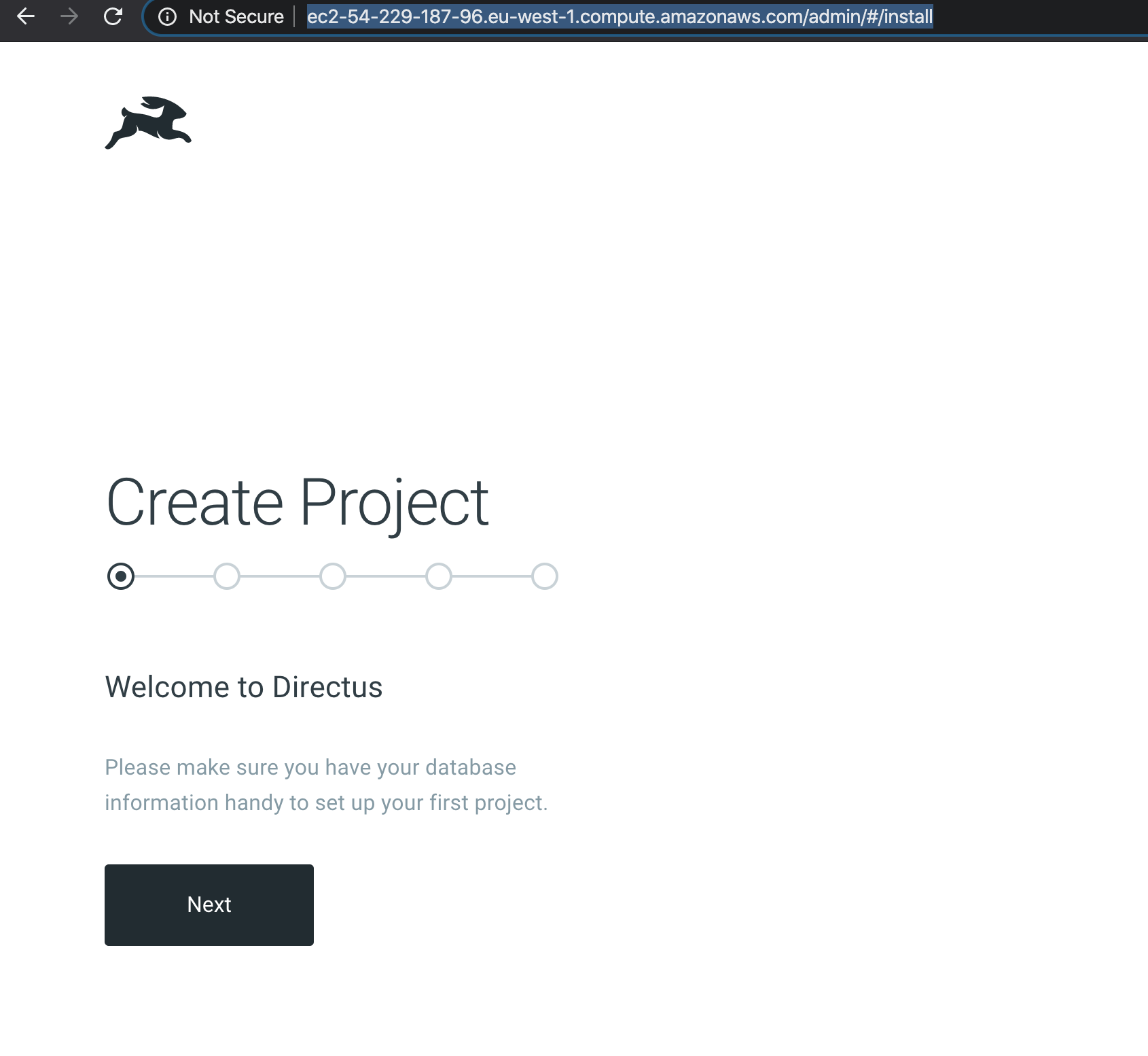 Directus create project first step