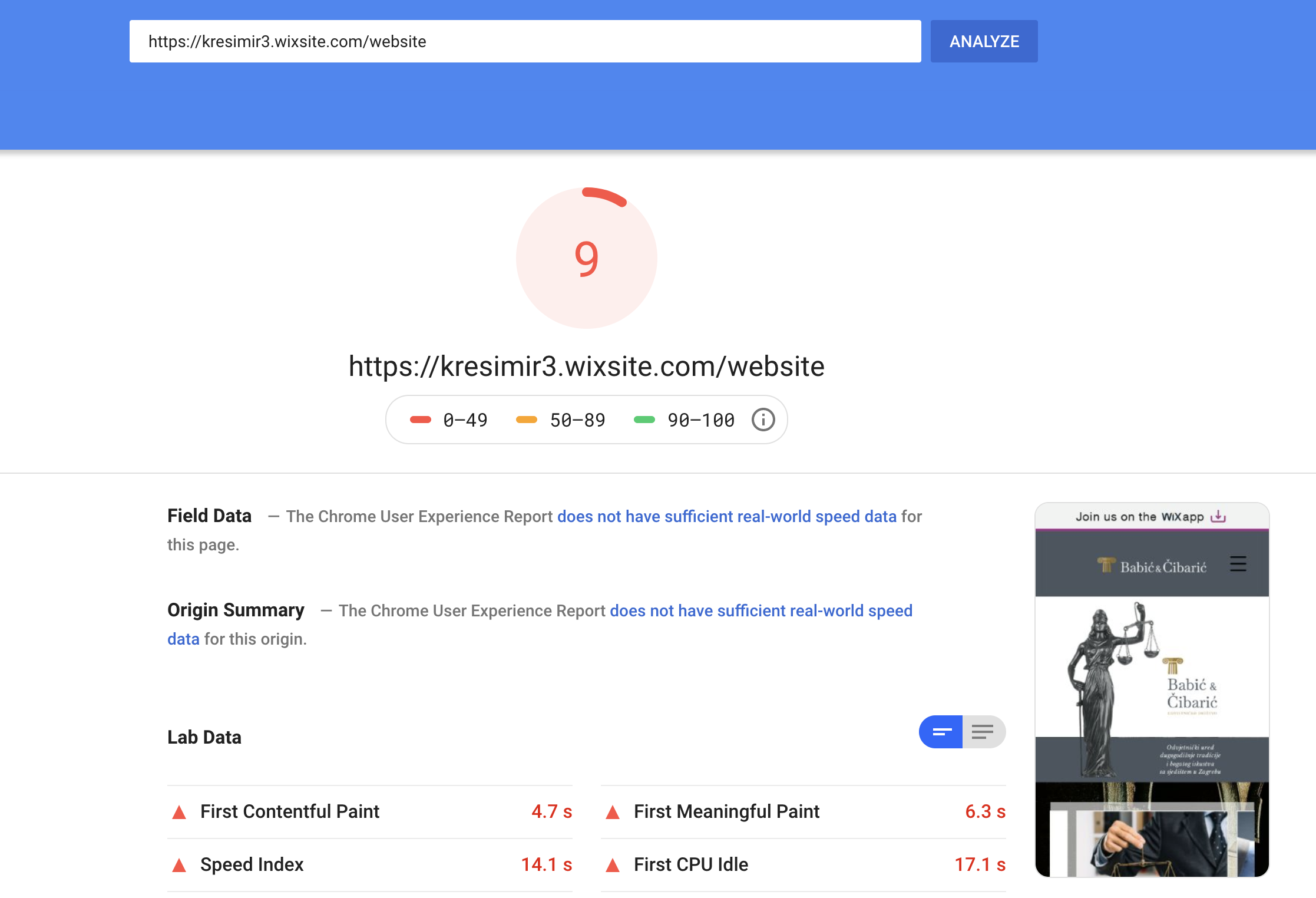 PageSpeed Insights test for https://kresimir3.wixsite.com/website