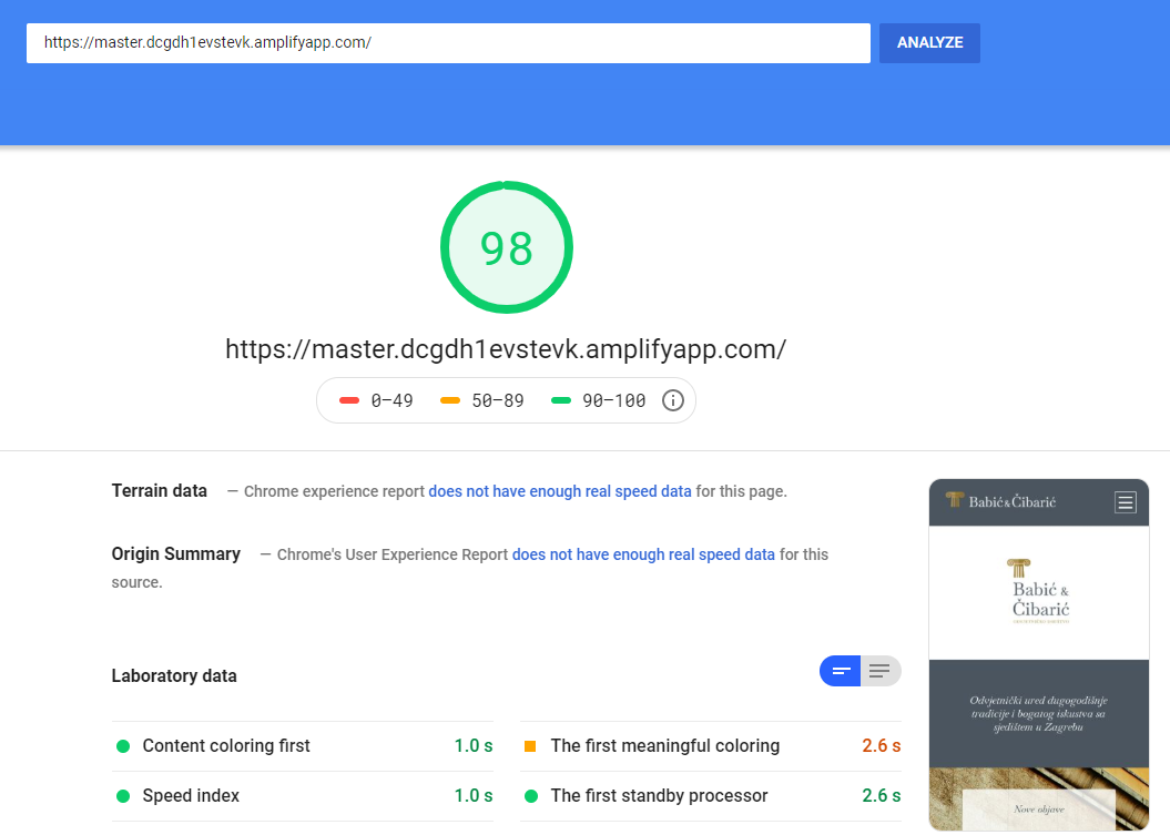 PageSpeed Insights test for https://master.dcgdh1evstevk.amplifyapp.com/