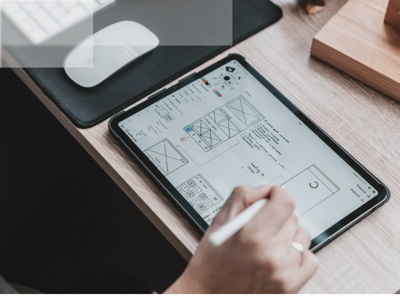 a person using a tablet on a desk.