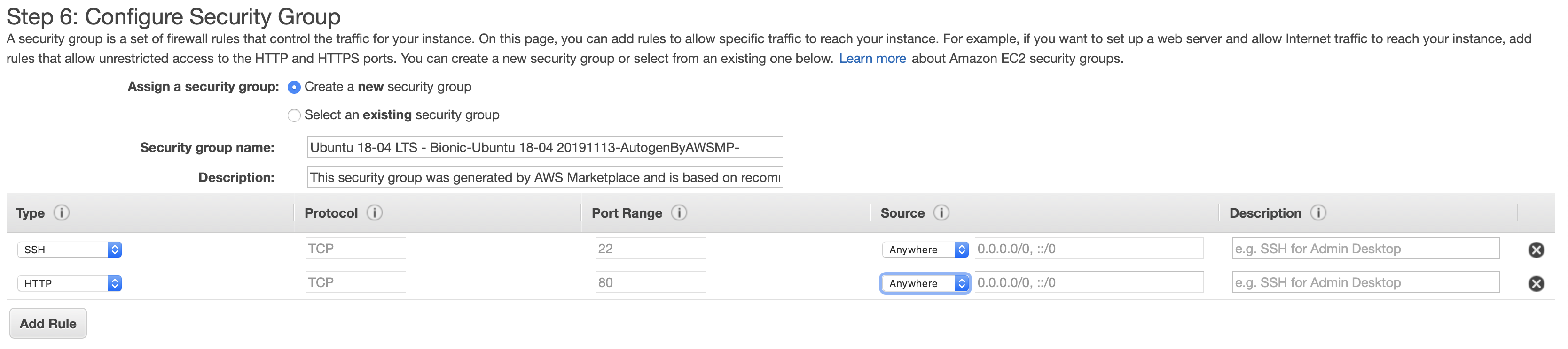 Configure security group screenshot